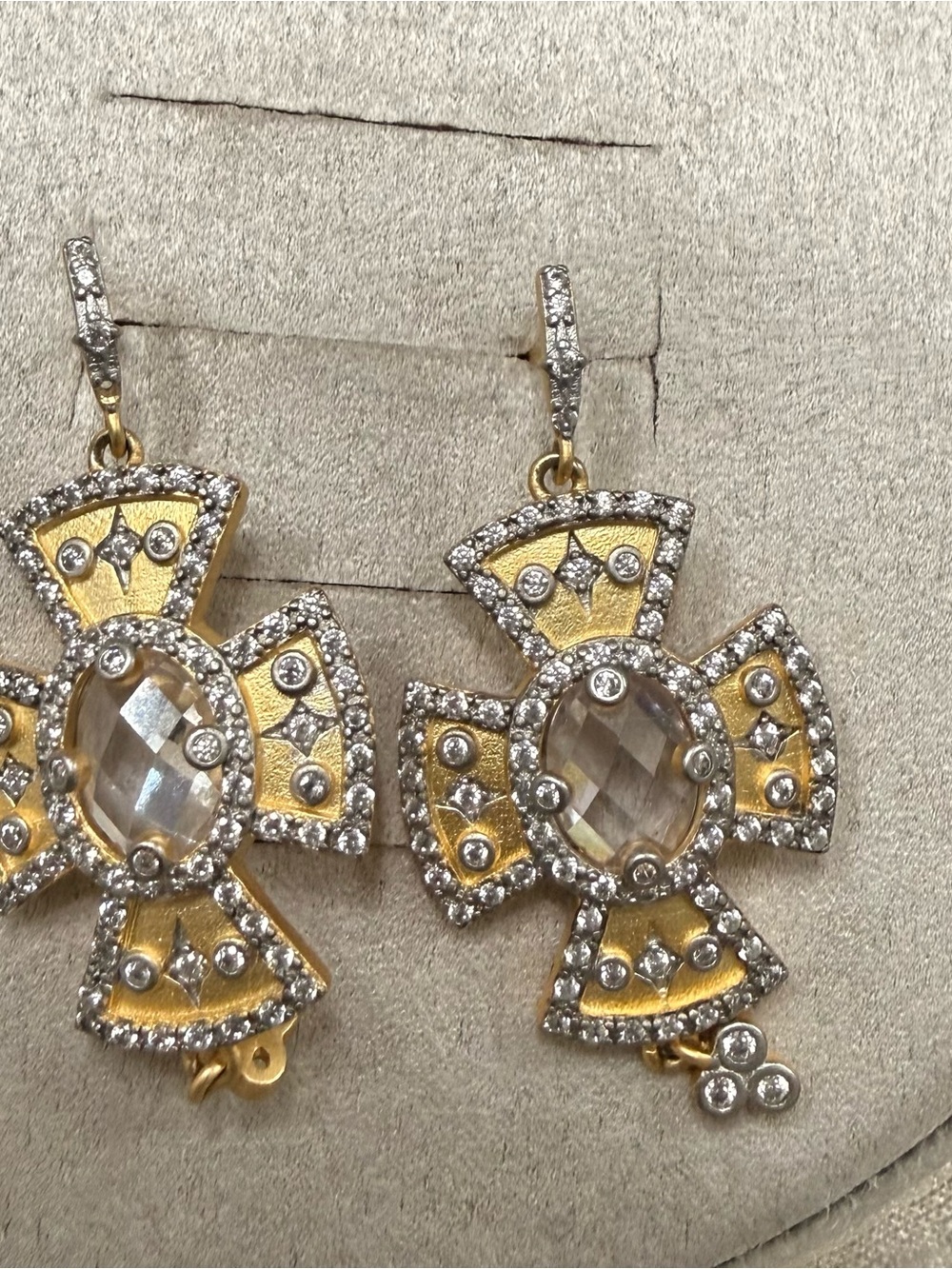 Gold-Tone Cross Drop Earrings with Clear Center Stones - Women Jewelry